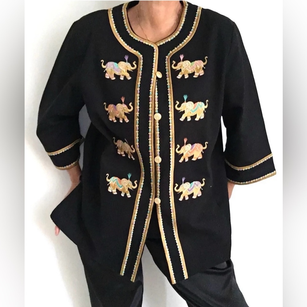 Vintage Bob Mackie Wearable Art Tunic Jacket w/ Embroidered Elephants Boho Indie